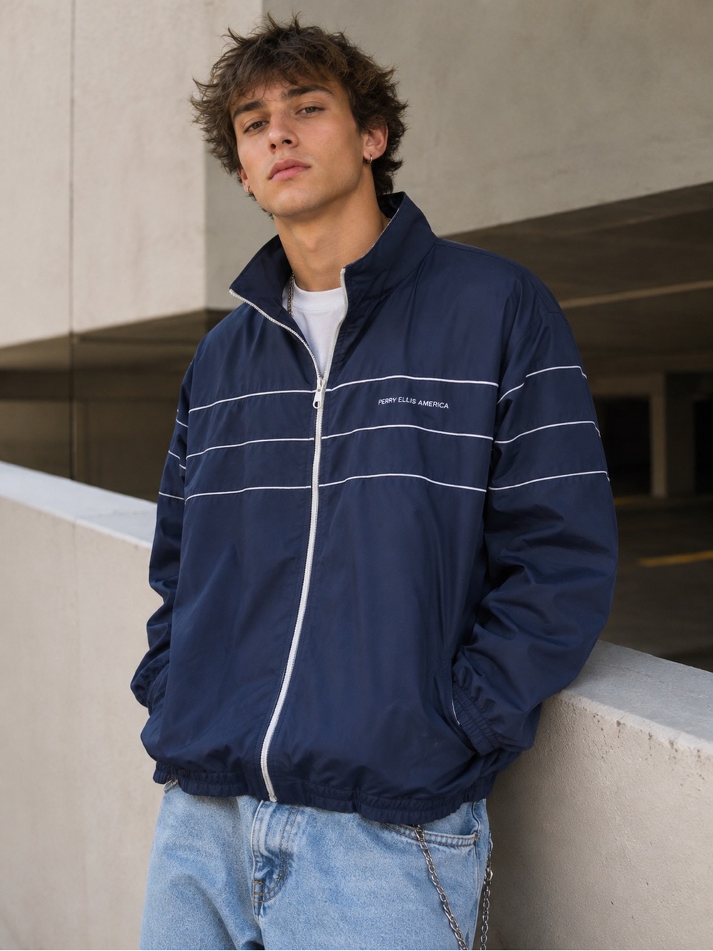Y2K Perry Ellis America Navy Blue Windbreaker Jacket Size XL